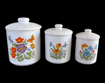 Vintage 1970s Wildflower Butterfly White Ceramic Canister Set of 3 (As Is - Damaged)