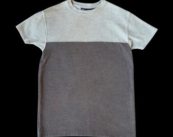Vintage 1990s Faded Glory Ribbed Colorblock Gray Brown Men’s T-Shirt (Size Small)
