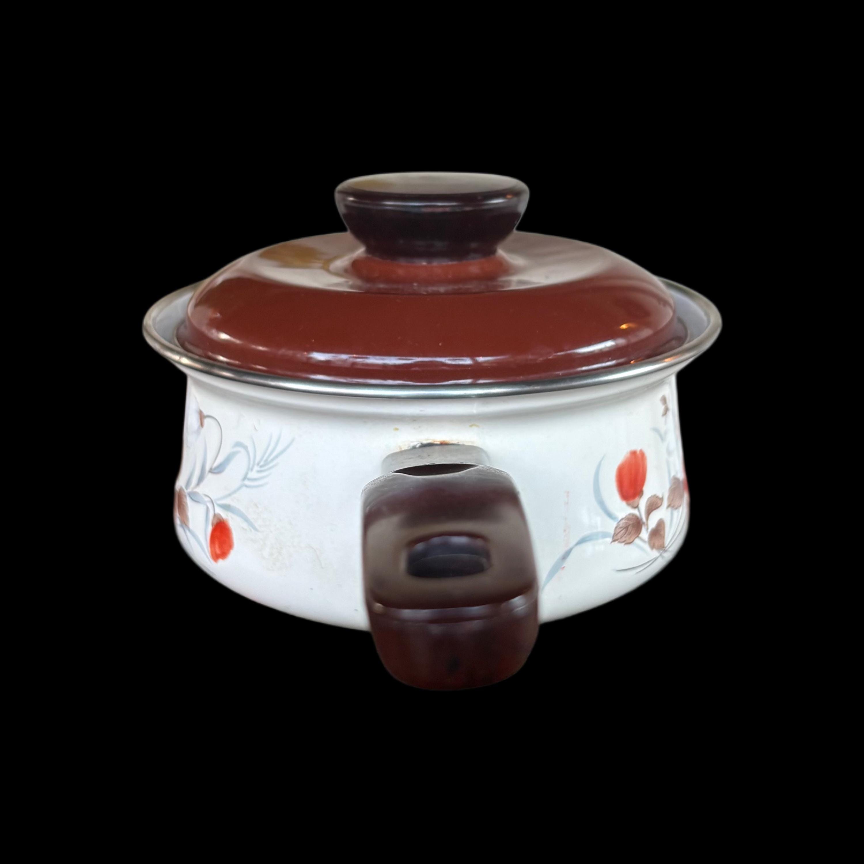 Vintage 1970s Sanko Ware Southern Flowers 1 Quart Enamel Saucepan
