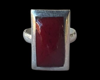 Vintage Sterling Silver Red Natural Gemstone Inlay Rectangular Statement Ring (Size 5 1/2)