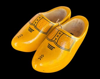 Vintage Dutch Hand Carved Wooden Yellow Children’s Clogs Shoes Klomper Hand Painted Folk Art 7.75”
