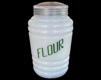 Vintage 1930s Hazel Atlas White Milk Glass Beehive Flour Shaker Green Letters Metal Lid 4.5”