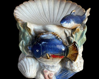 Vintage 1990s Ceramic Ocean Nautical Beach Large Seashell Soap Dish, Shallow Planter, or Catchall Dish w/ Blue Fish, Coral, and Seaweed 7.5”