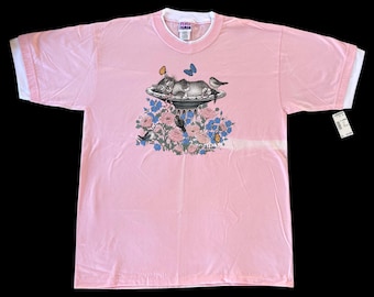 Vintage 1997 NWT Cat Kitten in Birdbath Butterflies Birds Pink White Double Collar Granny Cottagecore Women’s T-Shirt XL (As Is - Stains)