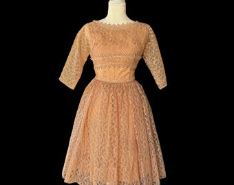 Vintage 1950s Peach Pink Lace Fit & Flare Party Dress Two Piece Set w/ Bolero Jacket (Size 4)