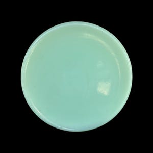 May include: A circular, pale green dish with a smooth, shiny surface. The dish is a solid colour and seems to be made of glass or ceramic. The edges are slightly curved, and the overall shape is round.