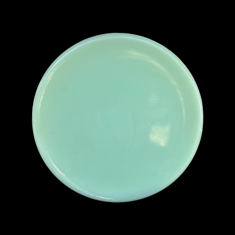 May include: A circular, pale green dish with a smooth, shiny surface. The dish is a solid colour and seems to be made of glass or ceramic. The edges are slightly curved, and the overall shape is round.