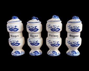 Vintage Blue Onion Blue Danube Delftware Chinoiserie Porcelain Spice Shaker Jars by Arnart Japan Set of 4 (Ginger, Thyme, Nutmeg, & Oregano)