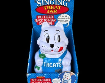Vintage 1992 Fun-damental Too Ltd Plastic Singing Cat Treat Cookie Jar 9” NEW IN BOX (Tested & Working)