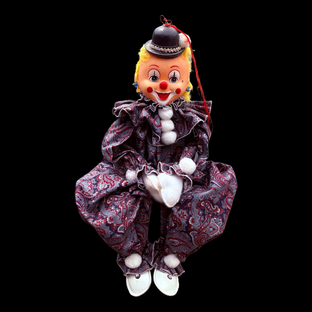Vintage Shelf Sitter Happy Circus Girl Clown Doll W/ Bowler Hat