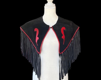 Vintage 1980s Genuine Suede Leather Fringed Black & Red Western Rockabilly Shawl Capelet by Originals by Charleen (One Size)