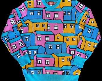 Sleepy Peach Neighborhood Pullover Sweater – Blue, Yellow, Pink, & Turquoise Colorful All Over Print House Pattern – Unisex Size Small