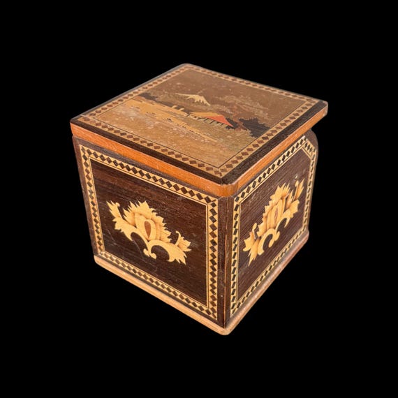 pop up cigarette dispenser box Vintage Cigarette Dispenser Pop Up Marquetry Inlaid Wood Hand Painted  Japanese Mt Fuji Folk Art Square Box Tobacciana 3.5”