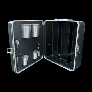 Vintage 1960s Platt Travel Bar Portable Pub Hard Shell Liquor Case w/ Aluminum Cups, Shot Glasses,  Bottle Opener, & Bar Spoon 12” (No Key)