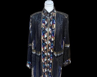 Vintage 1980s Silk Sequin Beaded Rhinestone Art Deco Statement Trophy Duster Jacket by Mark & John II – Black, Silver, Gold – (AS IS)