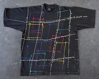 Vintage 1980s Paint Splatter All-Over Print Retro Abstract Single Stitch Cotton Men’s Black Graphic T-Shirt Size XL