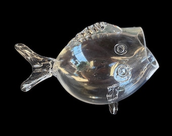 Vintage Blenko Style Mid Century Clear Hand Blown Glass Fish Shaped Bowl Vase Terrarium - Large 14” x 7” x 8”