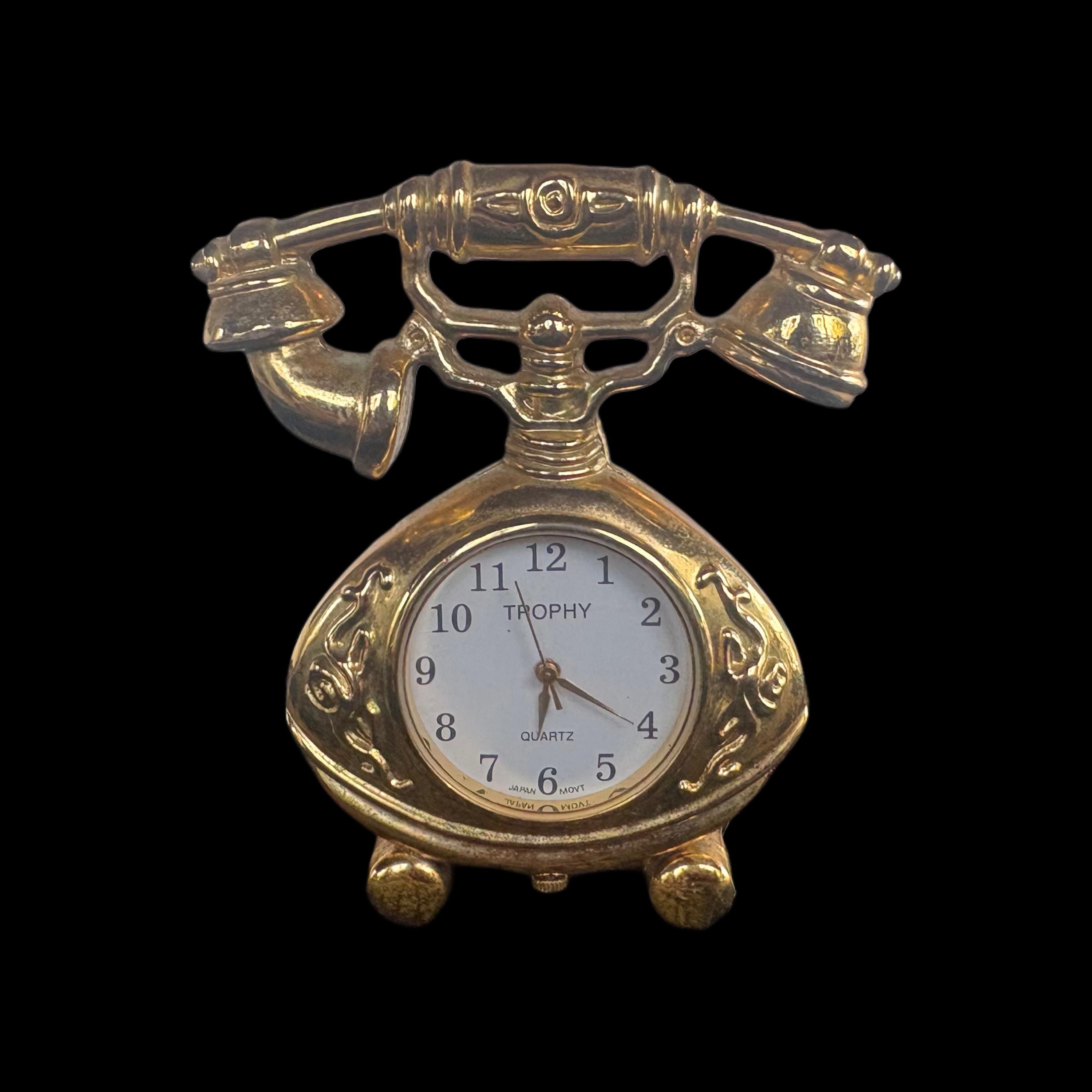 Vintage Miniature Trophy Quartz Japan Movement Gold Tone Telephone