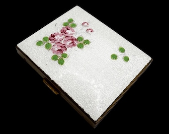 Antique 1920s Genuine Cloisonne Enamel & Brass German Floral Compact Mirror w/ Hinged Makeup Compartent by Schildkraut (White and Pink) 2.5”