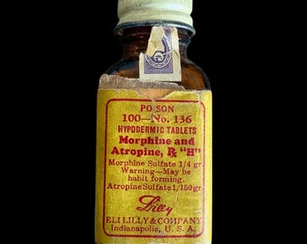 Vintage Eli, Lilly & Co Morphine and Atropine Rx “H” Hypodermic Tablets Opioid Poison EMPTY Amber Glass Medicine Bottle | Oddities