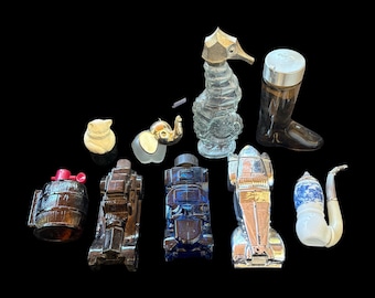 Lot of 9 Vintage Avon Perfume Cologne Aftershave Empty Decanter Bottles: Cars, Cat, Elephant, Seahorse, Dutch Pipe, Boot, Barrel