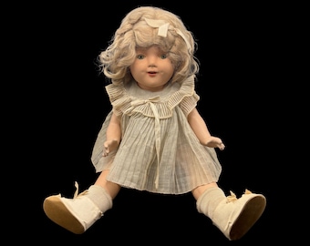 RARA bambola vintage Shirley Temple degli anni '30 con abito, biancheria intima e scarpe originali color avorio, 17 pollici (COSÌ COM'È)
