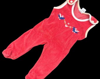 Vintage 1970s Absorba Terry Cloth Baby Girl’s Pink Embroidered Sleeveless Footed Pajamas w/ Shoulder Buttons (6 Mo) Made in France (As Is)