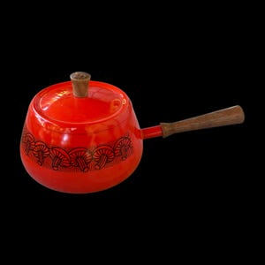 Vintage 1970s Orange Enamel Retro Mushroom Pattern Mid Century Fondue Pot with Lid and Wooden Handles (As Is)