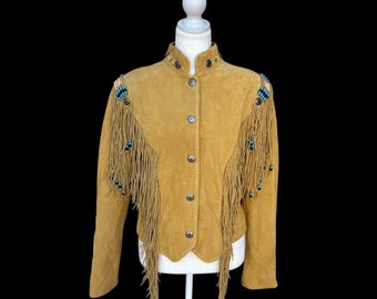 Vintage 1990s Cripple Creek Genuine Suede Leather Western Native American Style Boho Fringed Jacket w/ Bone Beads & Conchos Size L (AS IS)