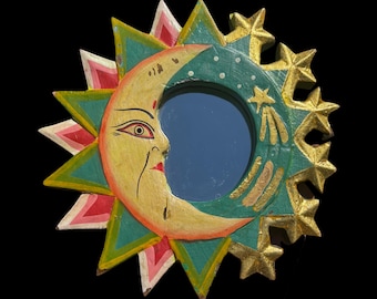 Vintage 1990s Celestial Hand Painted Folk Art Wooden Small Decorative Round Wall Mirror 8” (As Is)