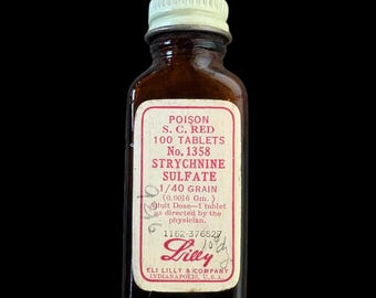 Antique Eli, Lilly & Co Strychnine Sulfate Poison 100 Tablet EMPTY Amber Glass Medicine Bottle | Oddities and Curiosities