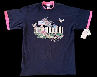 Vintage 1997 NWT Bluebirds Flowers Mailbox Double Collar Single Stitch Navy Blue Pink Granny Cottagecore Women’s T-Shirt Daybreak XL (As Is)