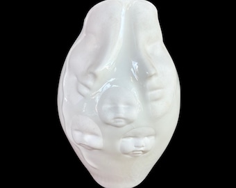 Vintage Sara Lund Blue Sky Porcelain Mother, Father, & Three Children White Ivory Glazed and Bisque Postmodern Face Vase Signed 2005 9.5”