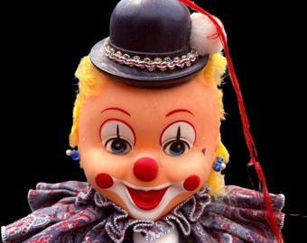 Vintage Shelf Sitter Happy Circus Girl Clown Doll W/ Bowler Hat