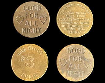 Fichas de burdel antiguas, monedas de latón, rarezas de la cultura americana (The Chicken Ranch, Uncle Sam Hotel, Swede's Saloon, Long Branch Saloon) de 1,5"
