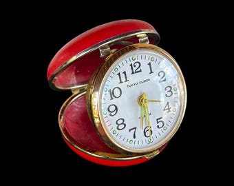 Vintage 1960s Tokyo Clock Red Leather Brass Round Foldable Travel Alarm Clock w/ Manual Wind & Glow In The Dark Face Made in Japan (WORKS)