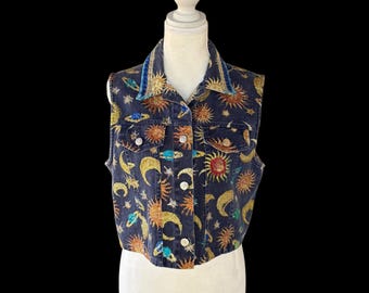 Vintage 1990s Hand Painted Upcycled Celestial Whimsigoth Glittery Denim Cropped Vest (Women’s Size Large)