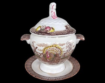 Vintage King Tom Amerikaanse traditie Ironstone Thanksgiving Turkije juskom sausschotel terrine met onderbord (zoals het is - beschadigd - geen lepel)
