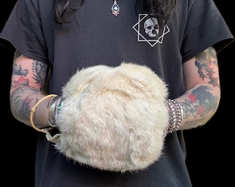Vintage Genuine Rabbit Fur White Muff Hand Warmer Luxurious Mid Century Accessory w/ Celluloid Wrist Strap Bangle (One Size Fits All)