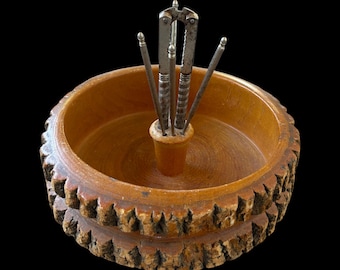Vintage 1960s Wooden Nut Bowl Serving Set w/ Metal Nutcracker & 4 Metal Picks (AS IS) - Live Edge Tree Bark, Mid Century, Handmade, Rustic
