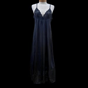 Vintage Black Silky Lace Floor Length Maxi Spaghetti Strap Nightgown Made in USA (Size Small) | Lingerie | Retro Sleepwear | Pajamas