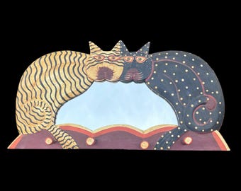 Vintage 1990s Folk Art Two Cats Hand Painted Carved Wood Mirror & Wall Rack (As Is)