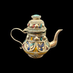Vintage Moroccan Colorful Ceramic and Ornate Silver Tone Filigree Handmade Small Miniature Gooseneck Decorative Teapot 4” Signed (As Is)