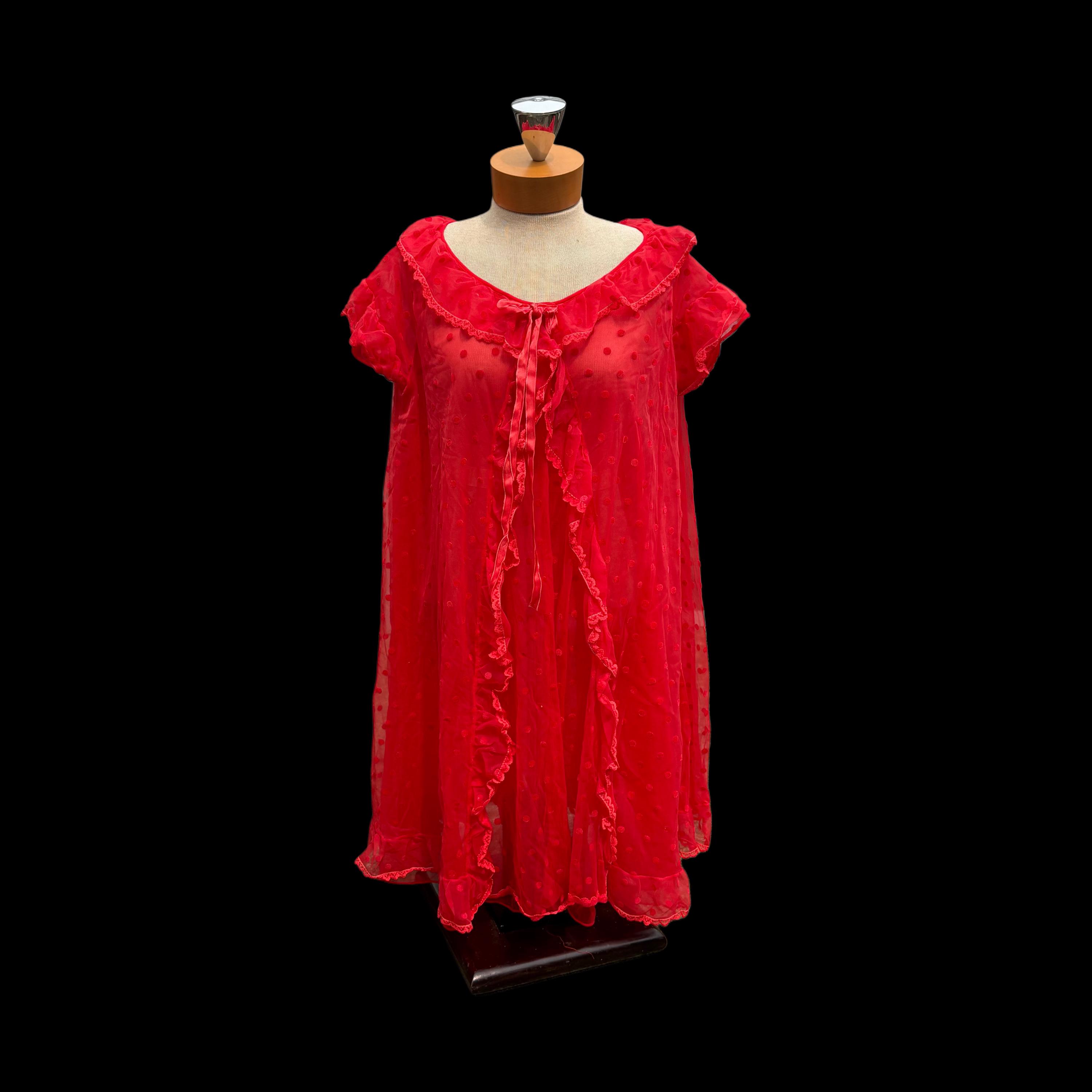 Vintage 1960s Red Sheer Nylon Babydoll Polka Dot Lace Short Sleeve Nightgown Negligee Peignoir by Radcliffe (Size Large/Extra Large)