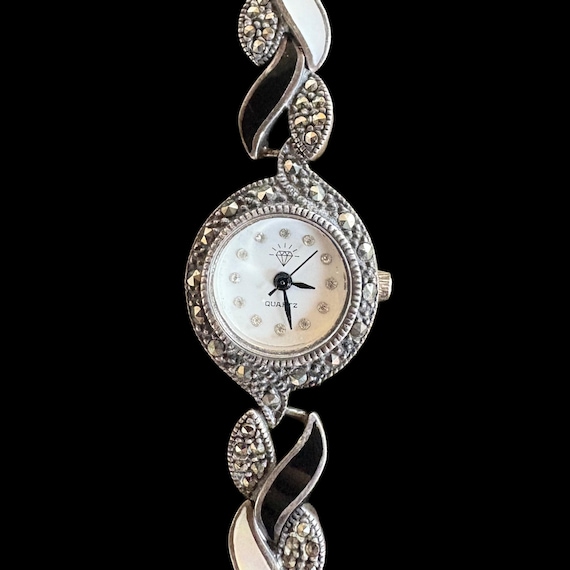 Vintage Sterling Silver, Marcasite, Mother of Pearl, & Onyx Quartz Japan Art Deco Women’s Wrist Watch from HSN QVC 7.75” *Works New Battery*