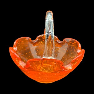 Vintage Small Orange Hand Blown Murano Venetian Controlled Bubble Glass Mid Century Decorative Basket with Clear Handle 5.5”