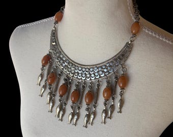 Vintage Egyptian Celestial Silver Tone Star & Crescent Moon Filigree Dangling Fish Bib Necklace w/ Faux Carnelian Beads
