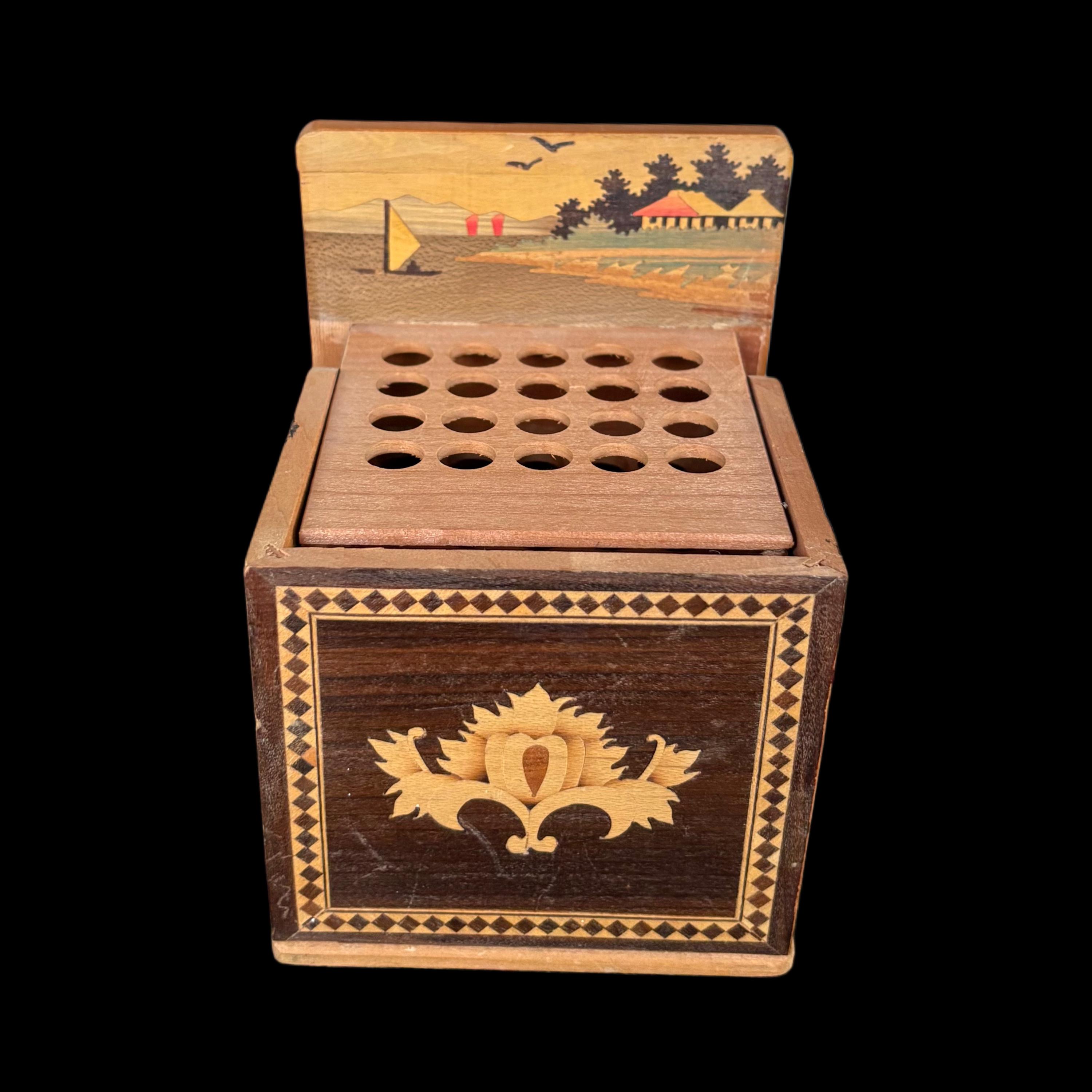 Vintage Cigarette Dispenser Pop up Marquetry Inlaid Wood Hand