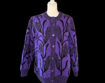 Vintage 1980s Mohair Blend Purple Corn Print Thick Grandpa Thanksgiving Cardigan Sweater Bomber Jacket by New Wang Kong Co (Size XL)