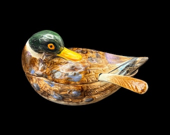 Vintage 1970s Macy’s Mallard Duck Majolica Style Kitschy Hand Painted Ceramic Soup Tureen Bowl w/ Ladle (Made in Italy) #3715